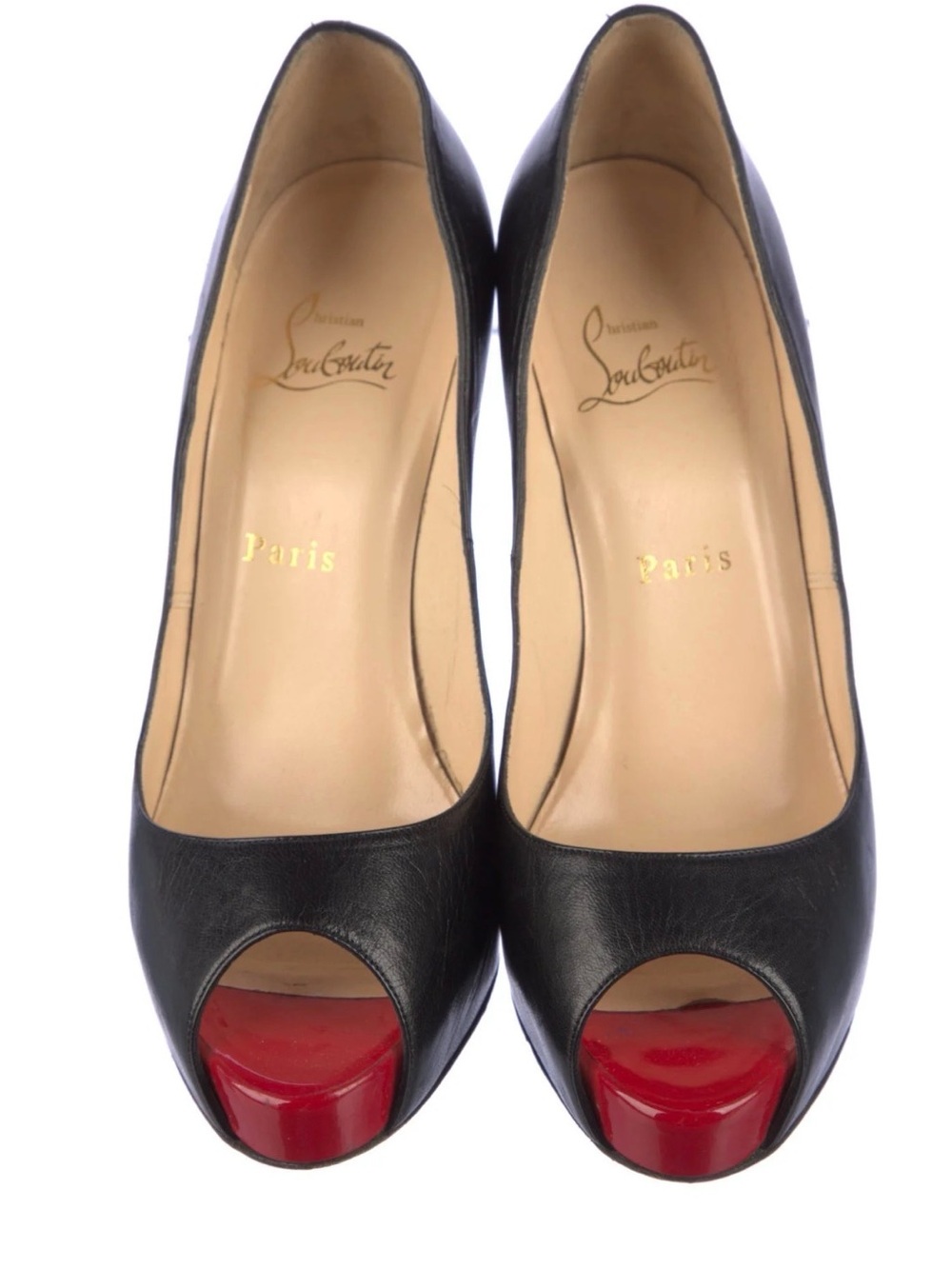 Christian Louboutin Black Leather Peep-Toe Pumps with Red Toe Cap